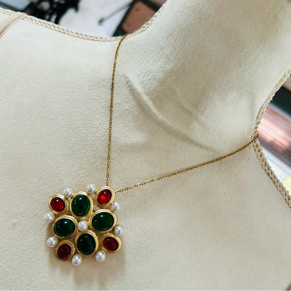 Regal look glass cabochon pearl stone pendant brooch combo  necklace